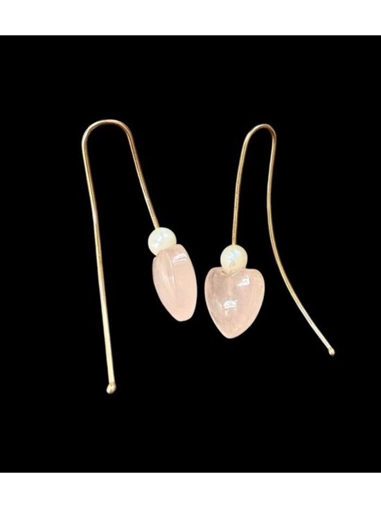 14k Yellow Gold Rose Quartz Heart Earrings Pearl Accent Pierced Earrings
